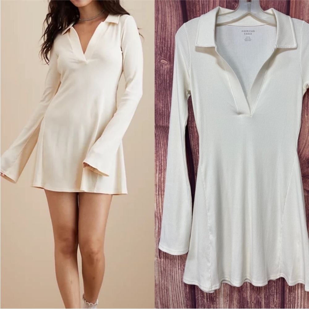 American Eagle 70’s V-neck bell sleeve stretch cotton cream knit mini Dress